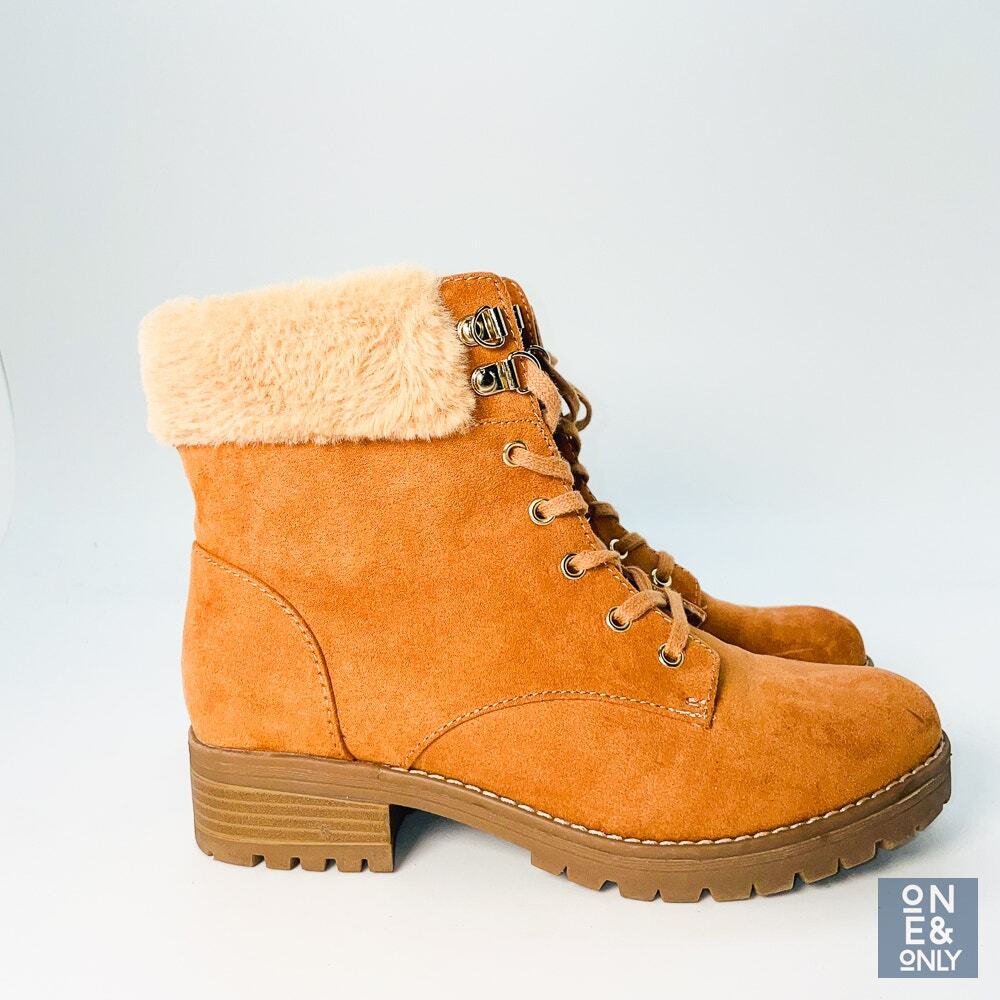 Faux Fur Lined Suede Hiker Winter Boots Caramel Lace-Up Block Heel Womens 8